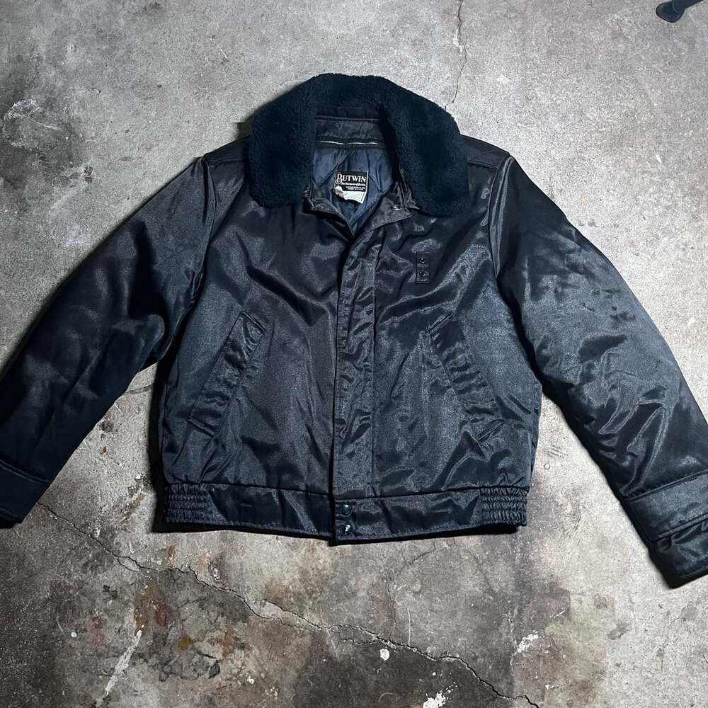 Vintage Butwin Minneapolis MN Black Satin Quilted Fur Collar Police jacket